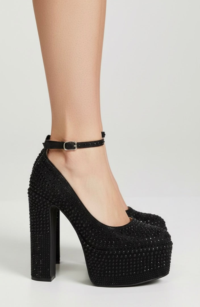 Amaya RhineStone PlatForm Heel - Black Rhinestone Embellished Ankle Strap High Heel Shoes for Women