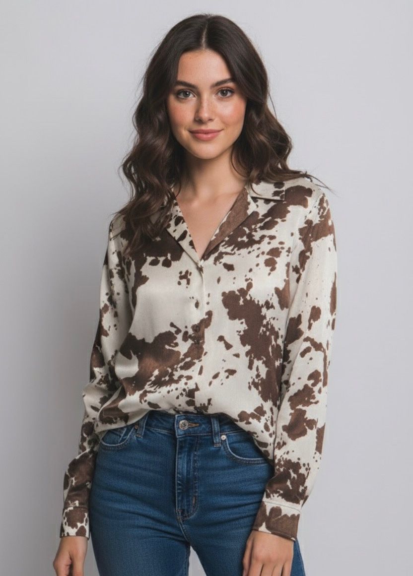 Chelly - Satin Cow Print Shirt